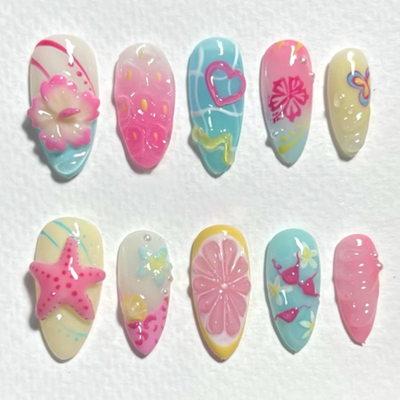 CJDLTS Colorful Flower Medium Almond Shaped Artificial Acrylic Nail 3D Gradient Floral with Love Heart Pearl Design Stick on Nails Full Cover Reusable Coffin Press on Nails Artificial Fingernails for Women - Image 1